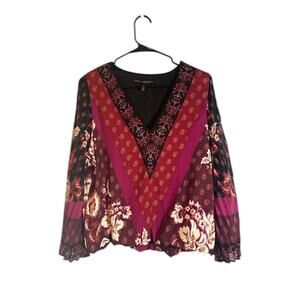 WHBM Bohemian V-Neck Floral Wide Sleeves Blouse Top Red Multi-Color Boho Women M